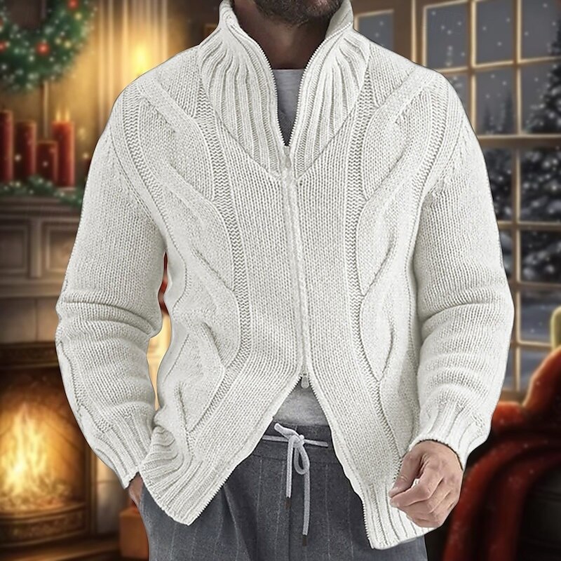 Men's Cardigan Sweater Zip Sweater Cropped Sweater Cable Knit Regular Knitted Vintage Plain Stand Collar Warm Ups Modern Contemporary Daily Wear Going out Clothing Apparel Winter Black White M L XL
