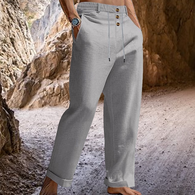 Men's Linen Pants Trousers Summer Pants Drawstring Elastic Waist Straight Leg Plain Comfort Breathable Full Length Casual Daily Holiday Fashion Retro Vintage Black White