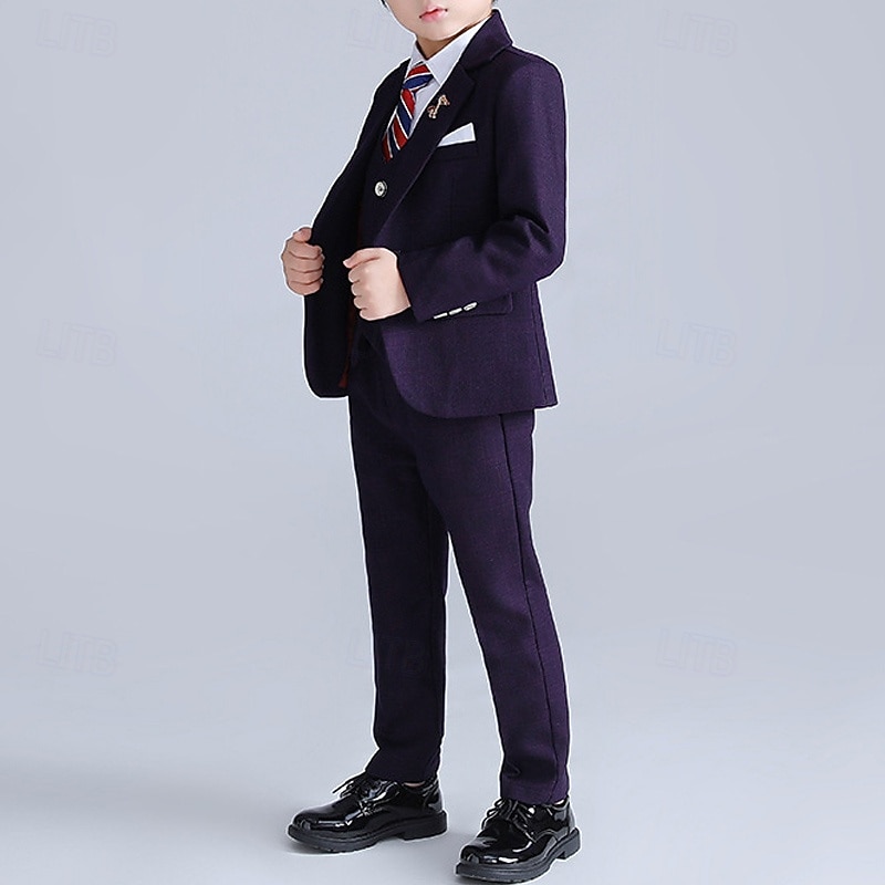 4 Pieces Ring Bearer Suit Boys Kids Suit Formal Suit Blazer & Vest & Pants & Brooch & Tie Formal Party Valentines Fashion Cool Plaid Pocket Blue Purple Polyester4