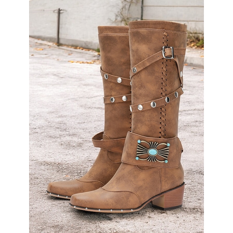 Women's Western Cowgirl Boots – Vintage Knee-High Studded Boots with Turquoise Buckle and Lace-Up Detail, Perfect for Rodeo and Country Style