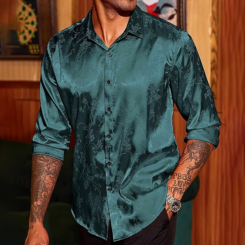 Men's Shirt Satin Shirt Casual Shirt Button Up Shirt Floral Wedding Vacation Red Green Beige Long Sleeve Collar Winter Spring & Summer Clothing Apparel3