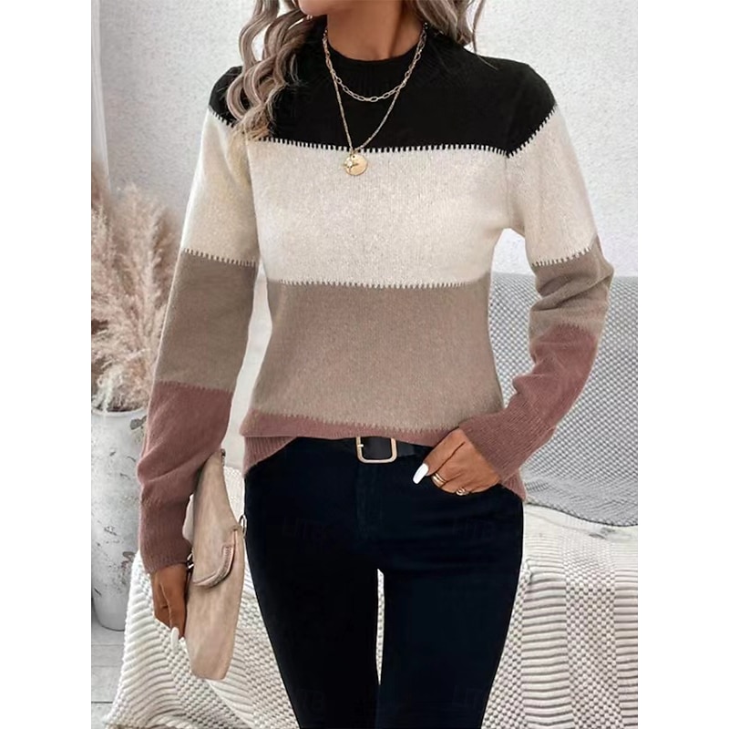 Women's Sweater Fashion Streetwear Daily Color Block Turtleneck Knitted Long Sleeve Regular Tops Knit Daily Weekend Pink Blue Fall Winter