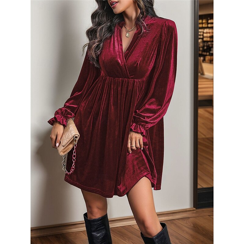 Women's Mini Dress Velvet Dress Cocktail Dress Plain Dress Casual Party Sports & Outdoor Street Regular Fit Plain Long Sleeve V Neck Wine Navy Blue Green Fall Winter4