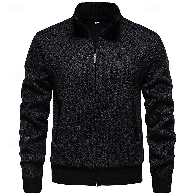 Men's Cardigan Sweater Cardigan Cropped  Sweater Zip Sweater Knit Sweater Ribbed Knit Regular Pocket Plaid Stand Collar Fashion Classic Daily Wear Date Clothing Apparel Fall & Winter Wine Red Black S3