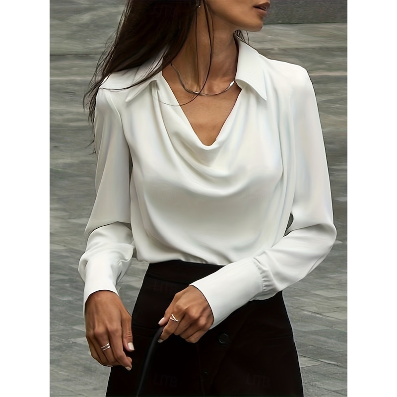 Women's Shirt Elegant Dressy Satin Solid Color Basic Casual Long Sleeve Cowl Neck Regular Tops Daily White Blue Brown Spring &  Fall Spring, Fall, Winter, Summer