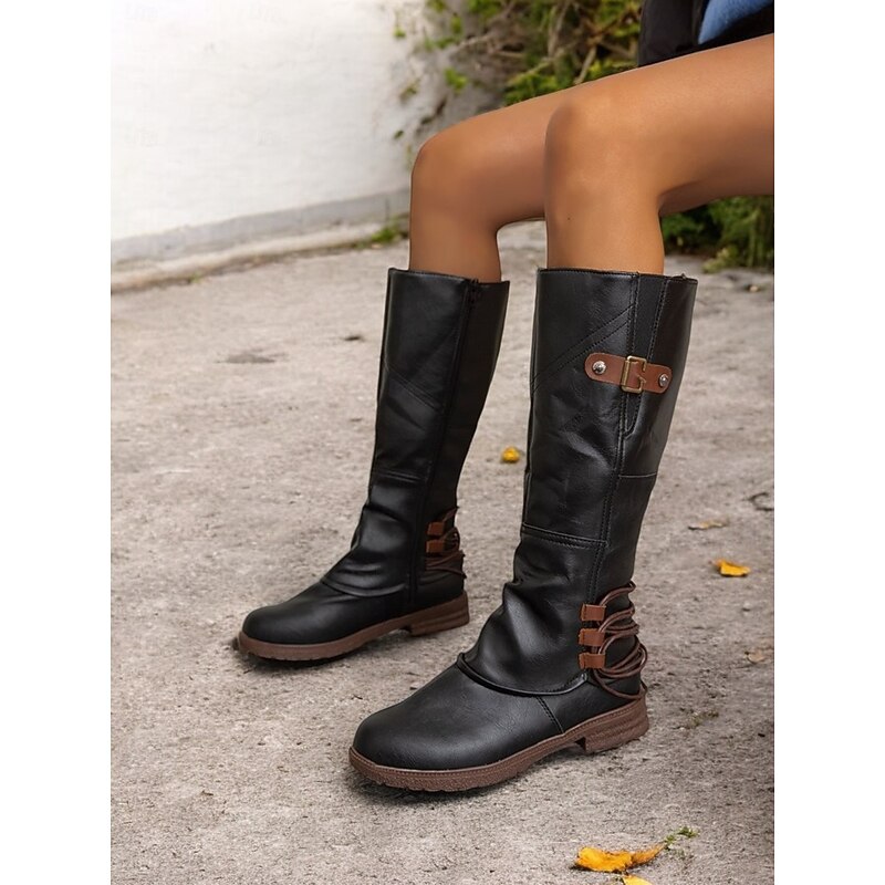 Women's Black Knee-High Riding Boots with Brown Buckle Accents – Stylish Casual Outdoor Boots, Comfortable Low Heel Design for Fall and Winter3
