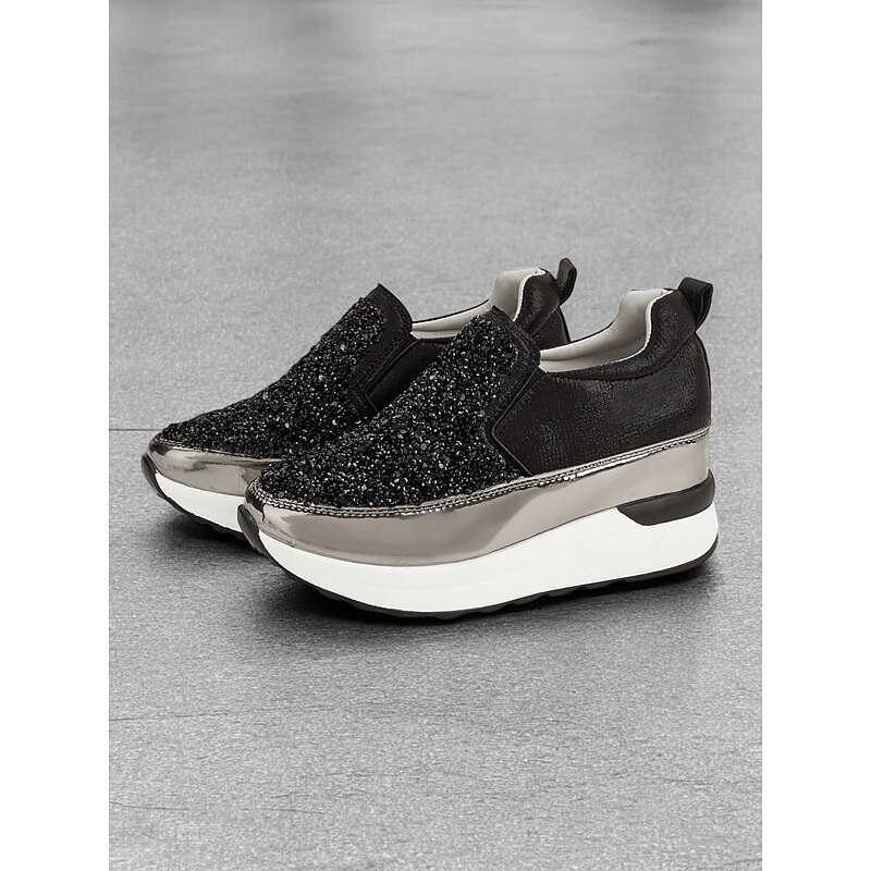 Women's Black Slip-On Sneakers with Glitter Embellishments and Platform Sole – Stylish Casual Shoes for Everyday Wear3