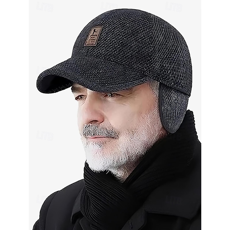 Men's Winter Woolen Baseball Cap with Ear Flaps – Warm and Stylish Herringbone Pattern Hat, Available in Gray, Dark Gray, and Brown, Perfect for Outdoor Activities in Cold Weather2