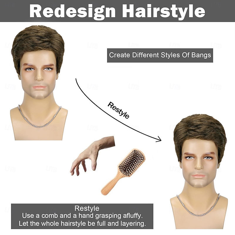Mens Short Brown Wig for Men Natural Layered Fluffy Wig Daily Halloween Synthetic Realistic Hair Male Guys Wigs2