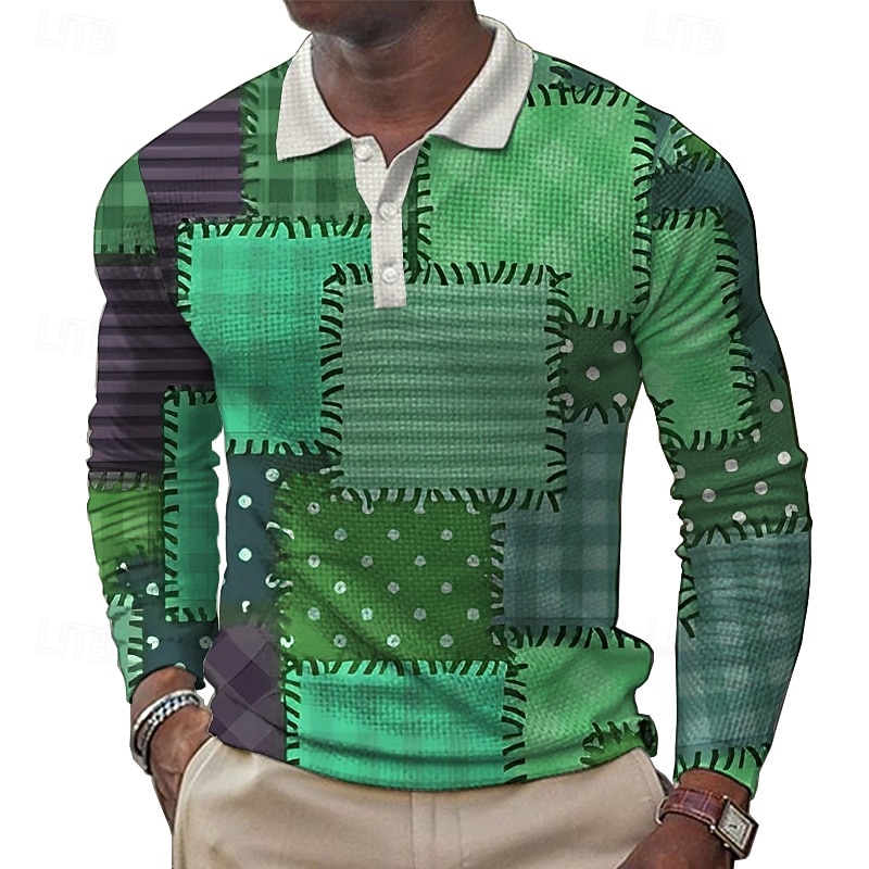 Men's Patchwork Waffle Polo Shirts Golf Shirt Long Sleeve Polo Shirts Collared Shirts Casual Party Evening Wear Dailywear Outdoor clothing Buttons 3D Print Spring Fall Winter Yellow Blue Purple3