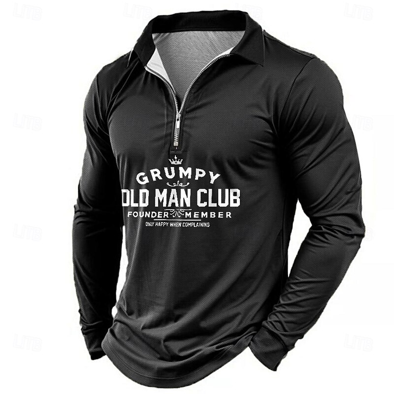 Men's Letter Printed Old Man Zip Polo Shirts Golf Shirt Long Sleeve Polo Shirts Collared Shirts Vintage Casual Outdoor Street Dailywear 3D Print Quarter Zip Polo Spring Fall & Winter Black Blue Green4