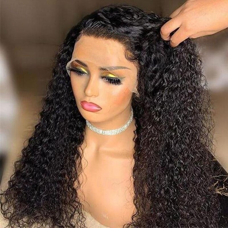 Remy Human Hair 13x4 Lace Front Wig Free Part Brazilian Hair Curly Deep Wave Black Wig 150% Density with Baby Hair Glueless Pre-Plucked For wigs for black women Long Human Hair Lace Wig