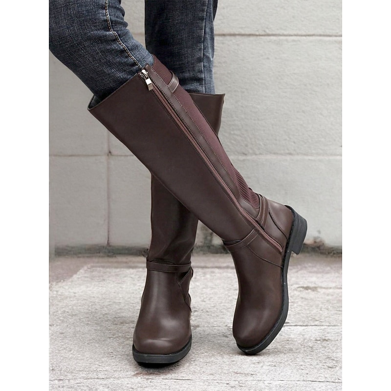 Women's Brown Knee-High Riding Boots with Buckle Detail and Side Zipper – Stylish Equestrian-Inspired Footwear
