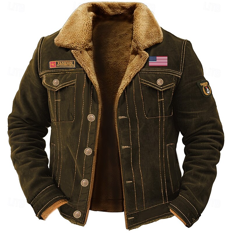 Men's Embroidered Fleece Jacket Cargo Jacket merican US Flag Print Turndown Collar Long Sleeve Military Tactical Jacket Vintage Thermal Warm Winter Outwear Multiple Pockets Button Front Cotton Coat