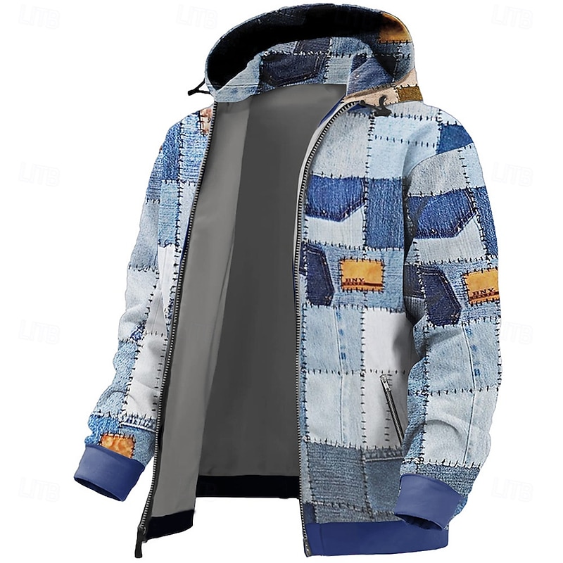 Men's Patchwork Hoodies Fashion Daily Long Sleeve Hooded Holiday Travel Streetwear Blue Brown Drawstring Zipper Pocket Fall Winter Designer