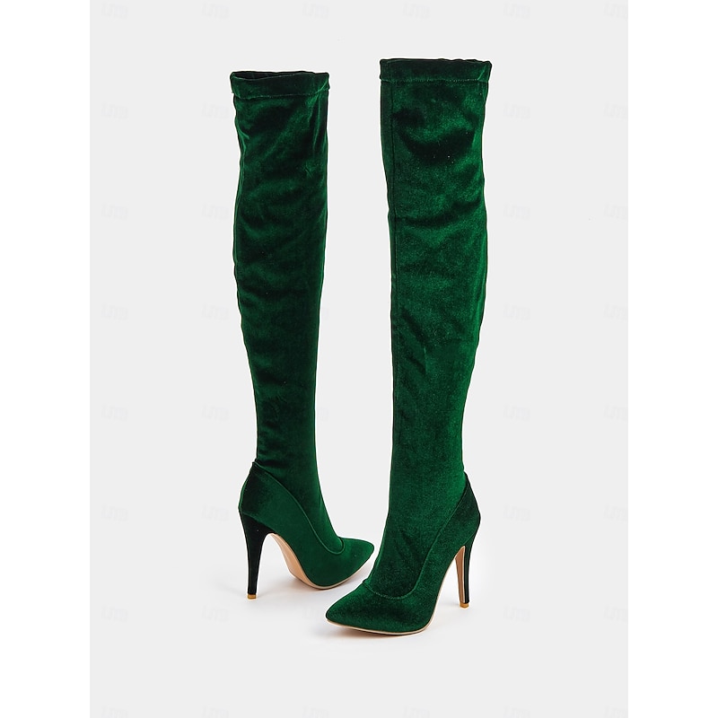 Women's Royal Blue Velvet Thigh-High Boots with Stiletto Heels – Bold and Sophisticated Over-the-Knee Design for Evening Glamour4