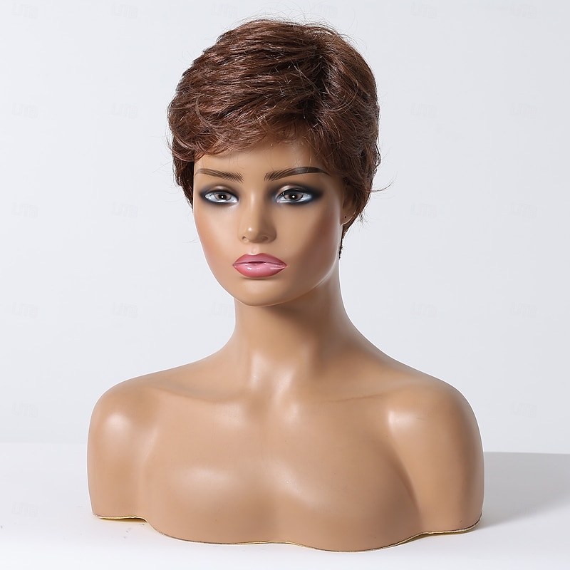 Human Hair Blend Wig Short Straight Natural Straight Bob Pixie Cut Side Part Layered Haircut Dark Brown Cosplay Curler & straightener Natural Hairline Capless Burmese Hair Women's All Dark Brown4