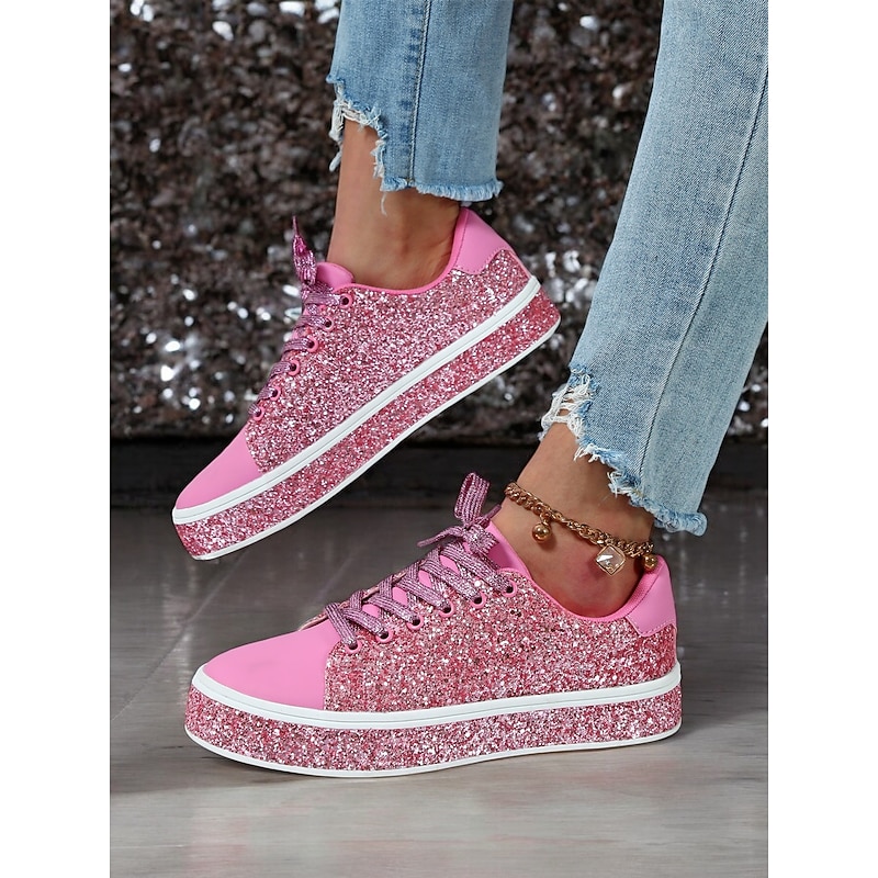 Women's Pink Glitter Lace-Up Sneakers with Comfortable Sole - Stylish Casual Shoes for Parties and Everyday Wear
