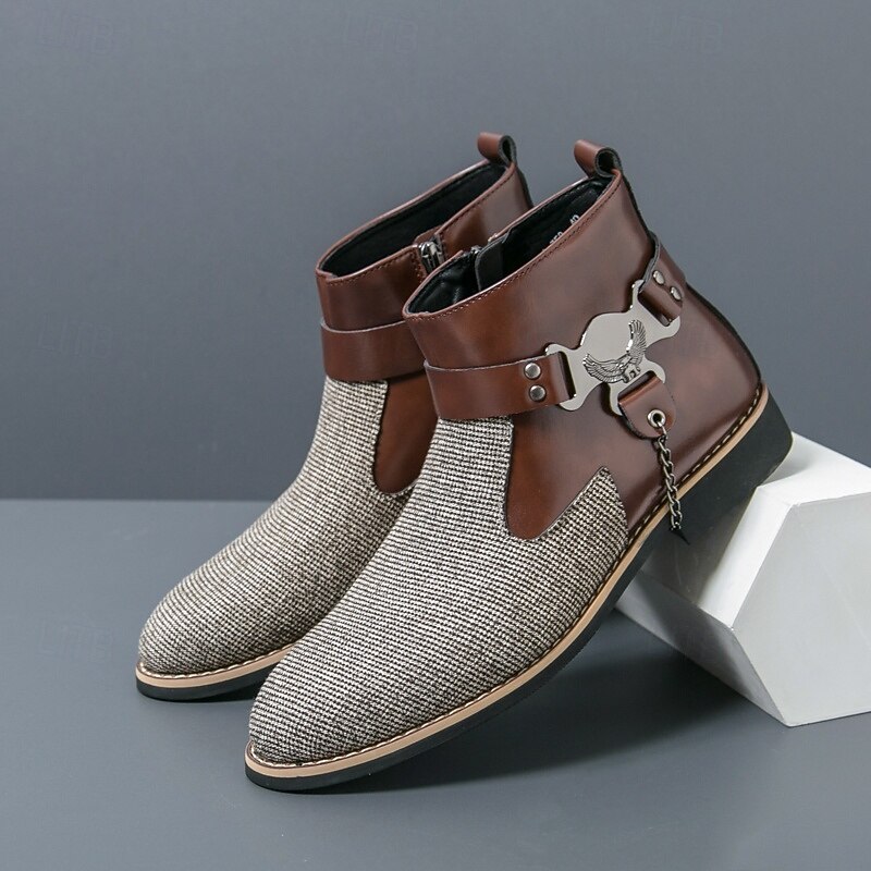 Men's Corduroy and Faux Leather Ankle Boots – Stylish Brown and Blue Design with Metal Eagle Detail, Western Cowboy-Inspired Fashion for Casual and Formal Occasions2