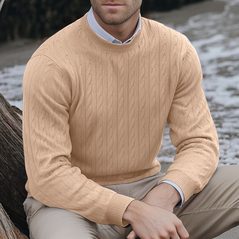 Men's Sweater Pullover Sweater Jumper Cable Knit Sweater Cable Knit Regular Classic Style Knitted Solid Color Round Neck Modern Contemporary Work Daily Wear Clothing Apparel Fall Winter Black White S2