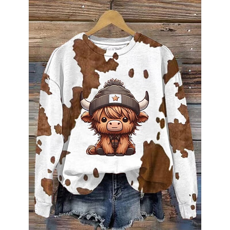 Women's Pullover Casual Cow Street Dailywear Crew Neck Print Long Sleeve Brown Fall Winter