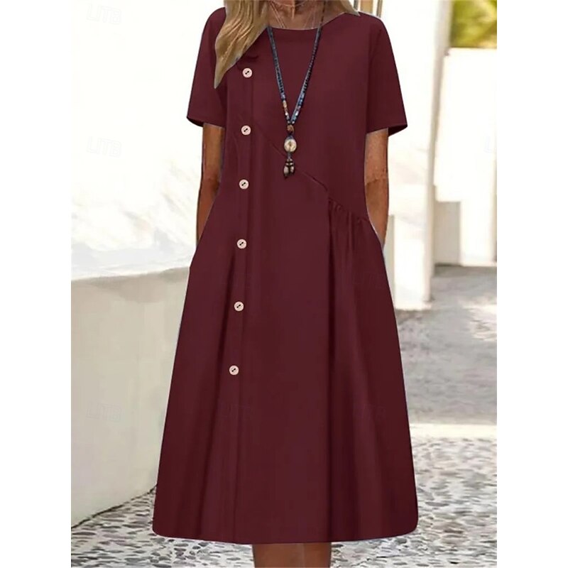Women's Casual Dress Mini Dress Buttons Pocket Casual Crew Neck Long Sleeve Wine Blue Green Color4