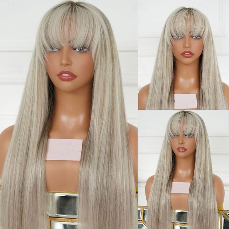Remy Human Hair 5x5 Closure 13x4 Lace Front Wig With Bangs Brazilian Hair Straight Silky Straight Multi-color Wig 130% 150% Density Highlighted / Balayage Hair Natural Hairline Glueless Pre-Plucked2