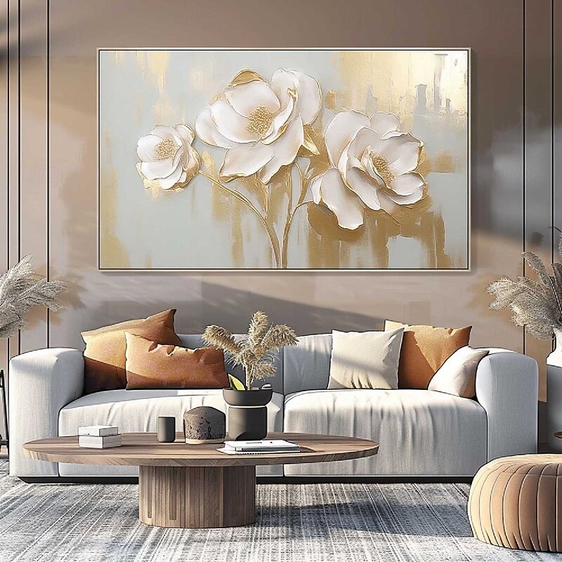 Handmade 3D Gold foil Textured oil painting hand painted Wall Art Abstract Flower Painting  Large handmade Floral oil painting Wall Art Elegant Botanical Artwork Room Decor Gold White Flower Painting2
