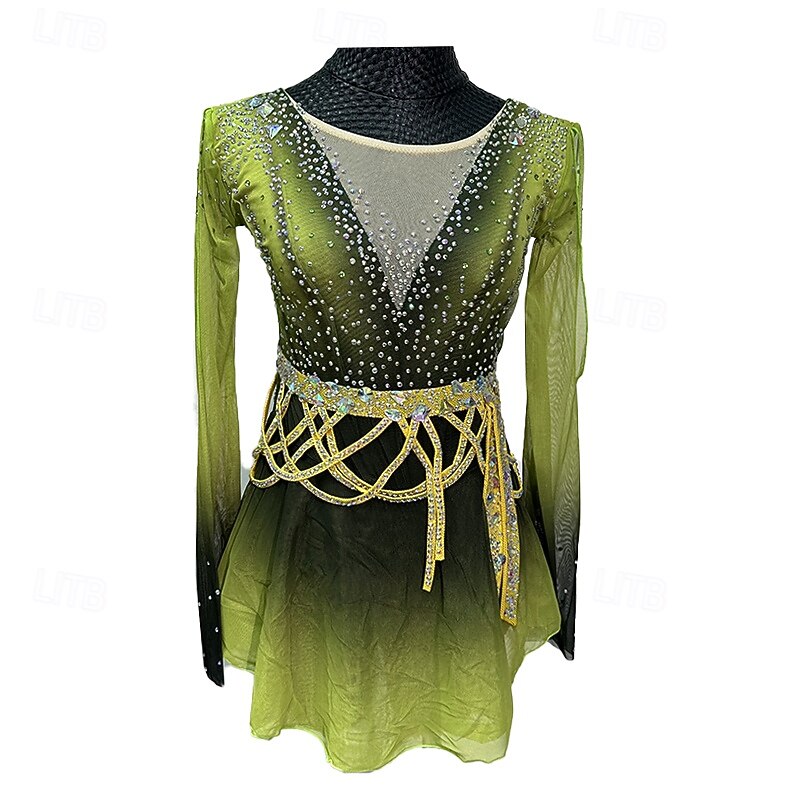 Figure Skating Dress Women's Girls' Ice Skating Dress Mineral Green Patchwork Thumbhole Mesh Spandex Stretchy Training Practice Professional Skating Wear Thermal Warm Crystal / Rhinestone Long Sleeve