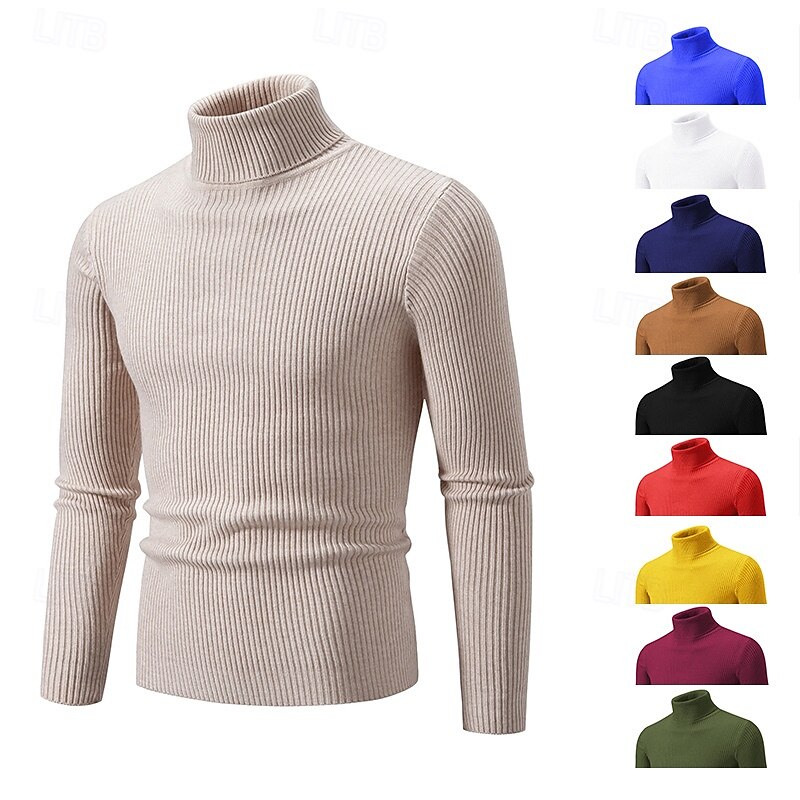 Men's Sweater Pullover Sweater Jumper Ribbed Knit Regular Knitted Slim Fit Plain Turtleneck Modern Contemporary Work Daily Wear Clothing Apparel Winter Spring &  Fall Black White M L XL
