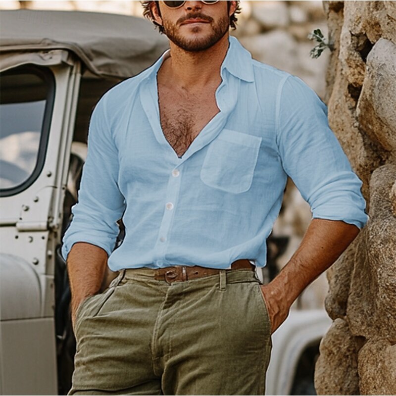 Men's Shirt Linen Shirt Cotton Linen Shirt White Cotton Shirt Summer Shirt Beach Shirt Plain Vacation Hawaiian White Light Green Blue Long Sleeve Lapel Spring &  Fall Clothing Apparel3
