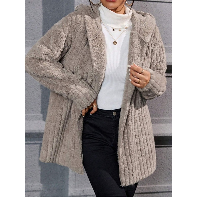 Women's Fleece Jacket Teddy Coat Hoodie Jacket Warm Breathable Fleece Lined Casual Plain Vacation Street Daily Wear Going out Open Front Regular Hoodie Regular Fit Long Sleeve Outerwear Blue Khaki