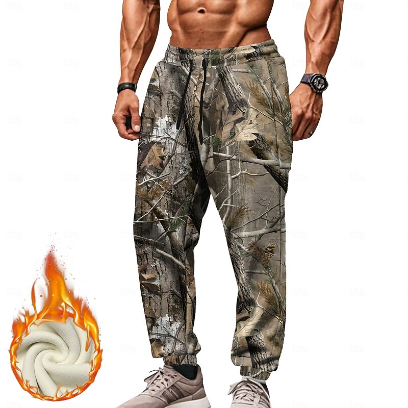 Men's Camo / Camouflage Fleece Sweatpants Drawstring Elastic Waist Vintage Casual Outdoor Home Dailywear Pocket Thermal Winter 3D Print Gray
