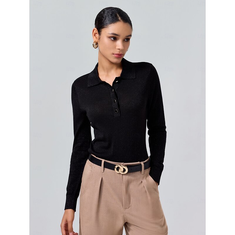 Women's Solid Color Polo Collar Long Sleeve Knit Polo Sweater Minimalist Wool Blend Formal Work Business Daily Spring Fall4