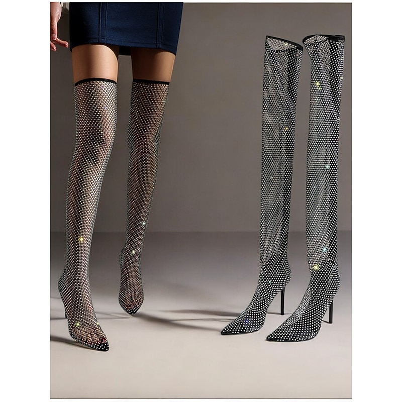Women's Rhinestone Fishnet Thigh-High Stiletto Boots – Glamorous Over-the-Knee Mesh Heels for Parties and Evening Events4