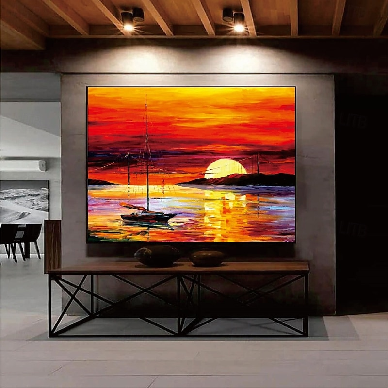 100% Hand painted Sunset  boat Oil Painting Cloud Sea Hanging Painting Sunset Orange Sailing Ship Sea Oil Painting Blue Ocean Waves  Boat Wall Art Seascape Canvas Painting Colorful Sunset painting