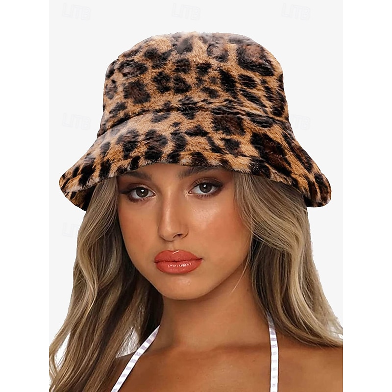 Leopard Print Faux Fur Bucket Hat for Women - Stylish Winter Accessory for Casual and Trendy Looks