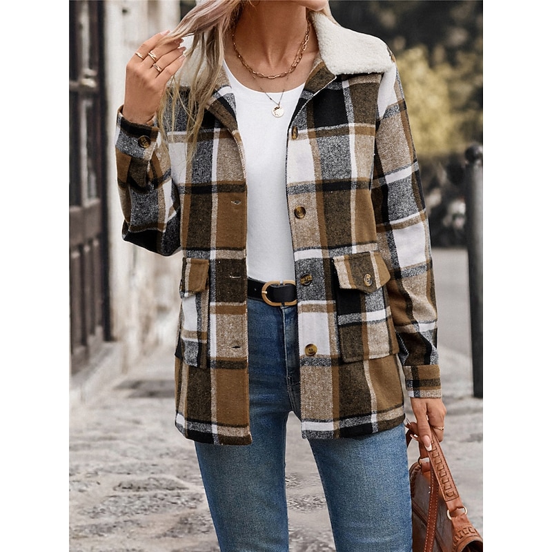 Women's Winter Coat Outdoor Street Daily Wear Fall Winter Regular Coat Regular Fit Thermal Warm Breathable Stylish Casual Jacket Long Sleeve Stripes and Plaid with Pockets Fur Collar Khaki