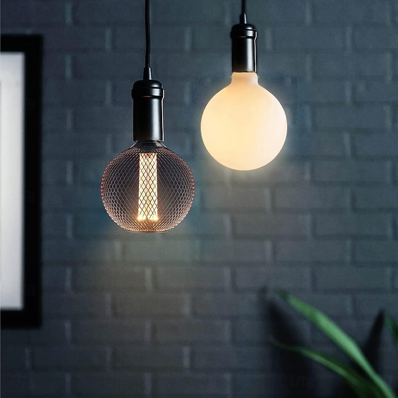 Decorative Light Bulb Black Metal Cage 5W LED Light Bulb White Glass Lampshade 8W E26/E27 LED Light Bulb Base Warm White Edison Decorative Light Bulb Suitable for Home Kitchen and Dining Room
