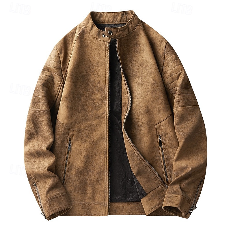 Men's Faux Leather Jacket Fleece Jacket Biker Jacket Vintage Leather Jacket Daily Vacation Windproof Warm Pocket Fall & Winter Plain Fashion Classic Stand Collar Regular Black Brown Green Jacket2