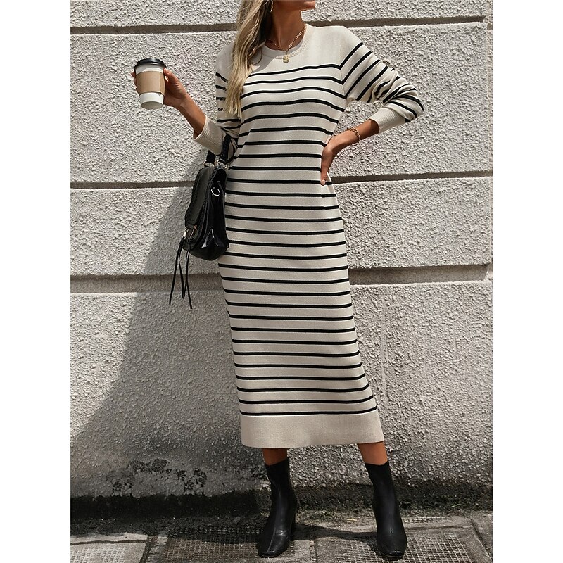 Women's Sweater Sweater Dress Casual Soft Striped Ribbed Crew Neck Knitted Long Sleeve Long Tops Knit Outdoor Daily Weekend Black White Fall Winter4