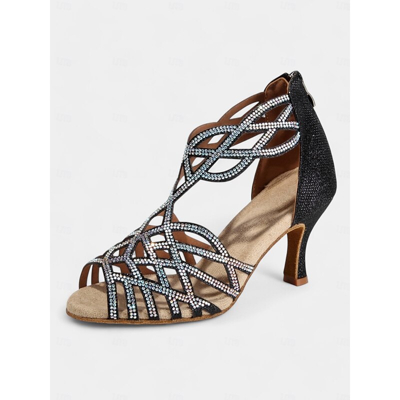 Women's Black Rhinestone Dance Sandals with Strappy Design and Mid-Heel – Perfect for Ballroom, Salsa, and Latin Dancing4