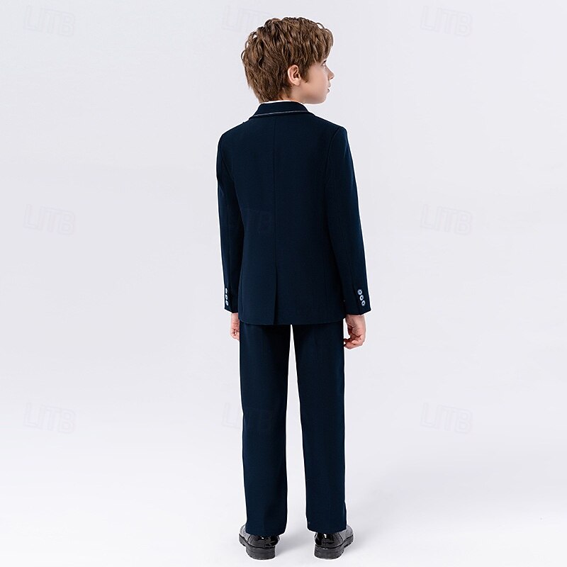 5 Pieces Ring Bearer Suit Boys Kids Suit Formal Suit Blazer & Vest & Pants & Brooch & Tie Formal Party Valentines Fashion Cool Solid Color Pocket Navy Blue Blue Polyester4
