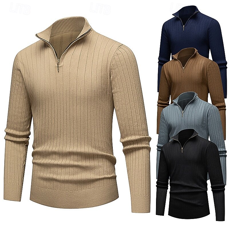 Men's Pullover Sweater Jumper Ribbed Knit Regular Knitted Slim Fit Plain Quarter Zip Modern Contemporary Work Daily Wear Clothing Apparel Winter Black Navy Blue M L XL4