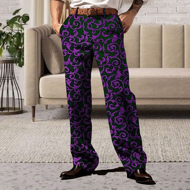 Men's Floral Paisley Ethnic Dress Pants Mid Waist Business Casual Formal Wedding Dailywear Zipper Pocket Straight Leg Trousers Summer Spring Fall 3D Print Pink Red Purple3