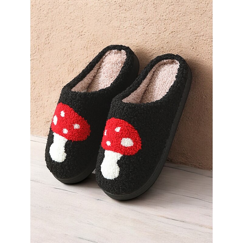 Women's Cozy Black Indoor Slippers with Red Mushroom Embroidery - Plush Lining, Non-Slip Sole, Perfect for Winter Home Relaxation3