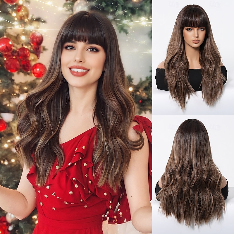 24 Inch Synthetic Wig Women's Wig  Dark Brown Long Wavy Curly Hair With Bangs  Fashion Elegant Daily Natural Christmas Party Wigs