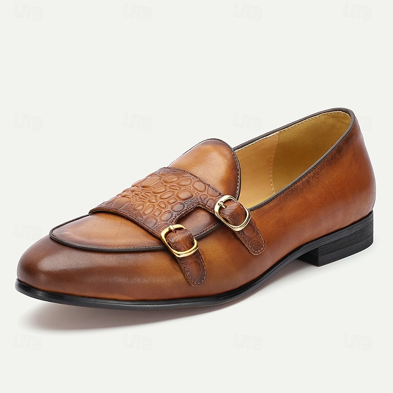 Men's Brown Leather Loafers with Double Buckle and Crocodile Pattern – Premium Cowhide Dress Shoes for Formal & Casual Wear3