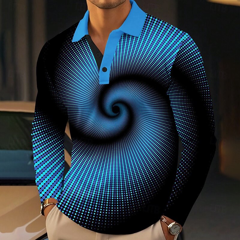 Men's Visual Deception Polo Shirts Golf Polos Shirts Long Sleeve Polo Shirts Collar Business Casual Outdoor Vacation Dailywear Buttons 3D Print Spring Fall Winter Black Blue