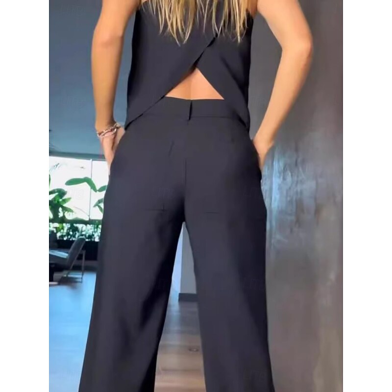 Women's Set Suit Vest Work Buttons Solid Color Breathable OL Style Regular Fit Outerwear Sleeveless Summer Black S3